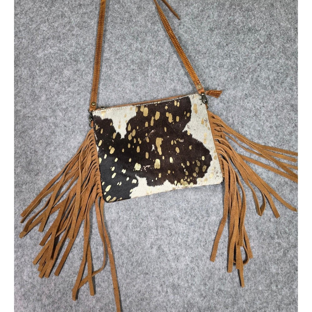 American Darling Crossbody Cowhide Leather Bag Brown Gold Fringe Western Cowgirl